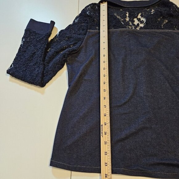 Elena Wang Top Womens L Indigo LS Lace Pullover Chambray Stretch Boho Whimsigoth - Picture 8 of 13